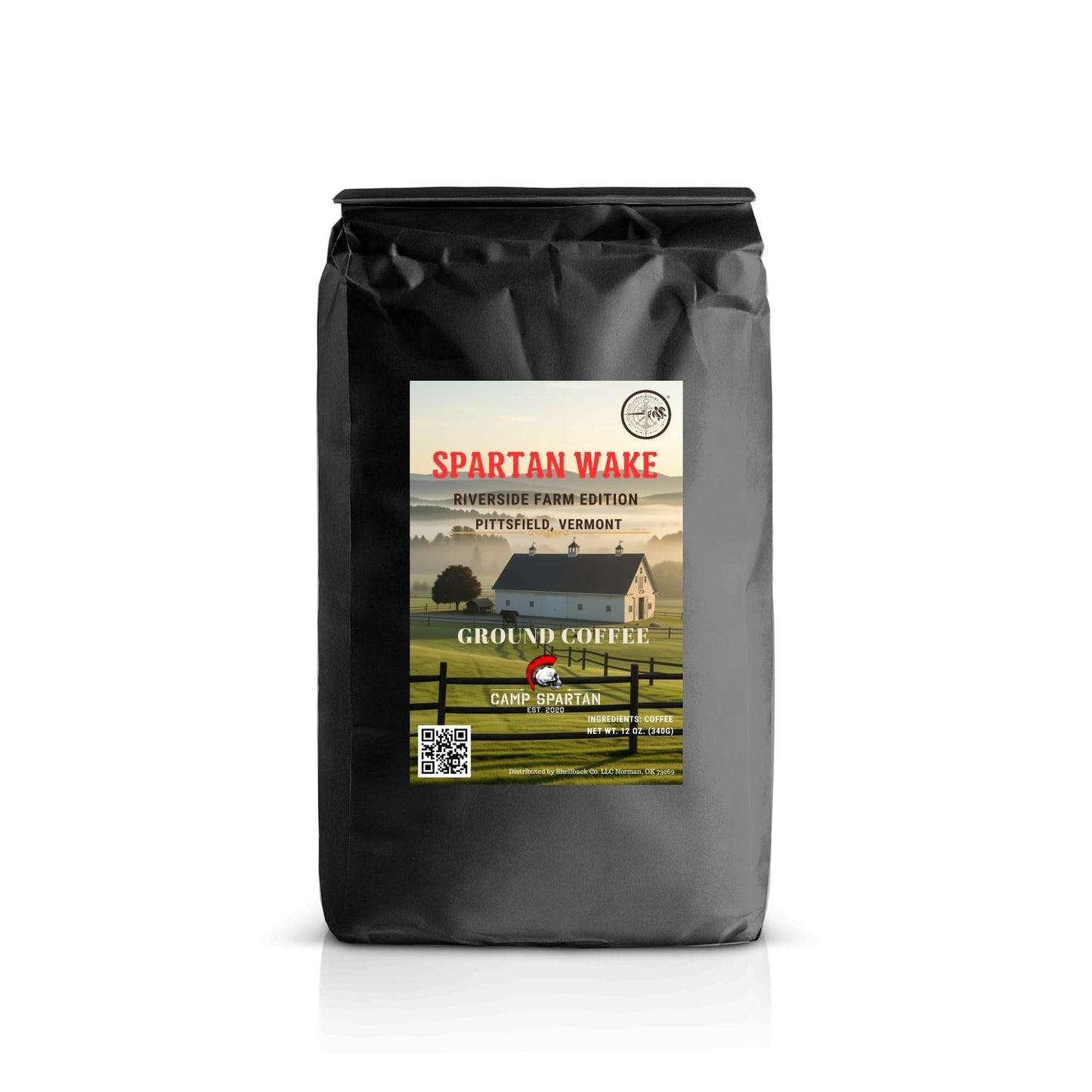 Black coffee bag with a label featuring a farm scene and text on a white background